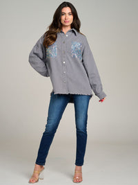 WOMEN'S LONG SLEEVE BUTTON UP FRONT POCKET GRAPHIC DENIM JACKET