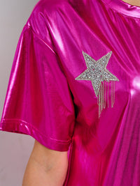 WOMEN'S SHORT SLEEVE FRONT POCKETS METALLIC STARS MINI DRESS