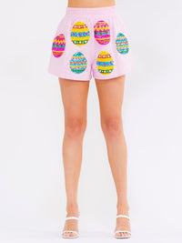 WOMEN'S ELASTIC WAIST FRONT POCKETS SEQUINS PRINT MINI SHORTS