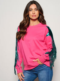 WOMEN'S LONG SLEEVE FRINGE SEQUINS DETAILED SWEATER