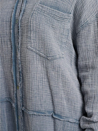 WOMEN'S LONG SLEEVE BUTTON UP FRONT POCKET OVERSIZED WASHED TOP