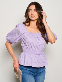 WOMEN'S SHORT PUFF SLEEVE STUDS DETAILED PEPLUM BLOUSE TOP