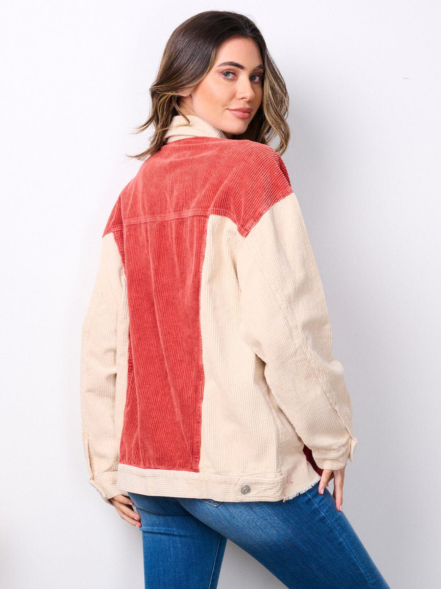 Green Color Block Button Down Hooded Corduroy Jacket