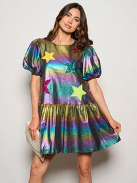 WOMEN'S SHORT SLEEVE POCKETS TIERED SEQUINS METALLIC GRAPHIC MINI DRESS