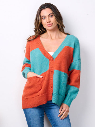 WOMEN'S LONG SLEEVE BUTTON UP POCKETS COLORBLOCK CARDIGAN