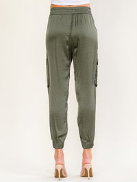 WOMEN'S ELASTIC WAIST CARGO POCKETS JOGGER LEG PANTS