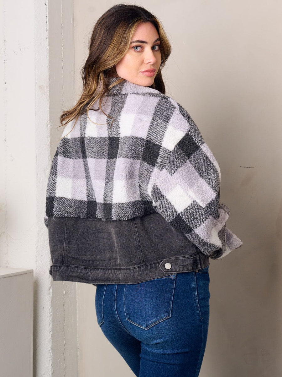 Plaid Button Up Long Sleeve Denim Jacket main image 1