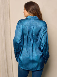 WOMEN'S LONG SLEEVE FRONT POCKET BUTTON UP WASHED BLOUSE TOP