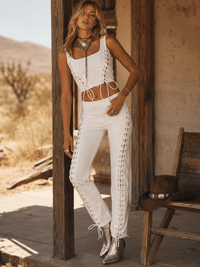 WOMEN'S SLEEVELESS CROP TOP & ZIP UP SKINNY ELEG PANTS LACE UP STRETCH DENIM 2PC. SET