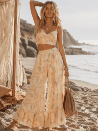 WOMEN'S SLEEVELESS SMOCK CROP TOP & ZIP UPWIDE LEG PANTS FLORAL 2PC. SET