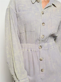WOMEN'S LONG SLEEVE BUTTON UP POCKETS WASHED JUMPSUIT