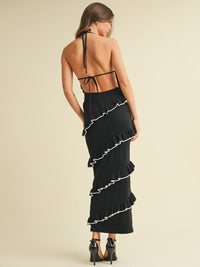 WOMEN'S SLEEVELESS HALTER NECK OPEN BACK TIERED RUFFLE BODYCON MAXI DRESS