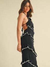 WOMEN'S SLEEVELESS HALTER NECK OPEN BACK TIERED RUFFLE BODYCON MAXI DRESS