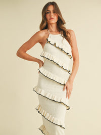 WOMEN'S SLEEVELESS HALTER NECK OPEN BACK TIERED RUFFLE BODYCON MAXI DRESS