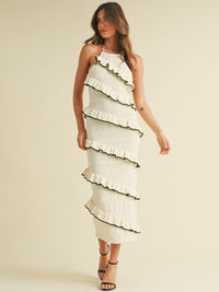WOMEN'S SLEEVELESS HALTER NECK OPEN BACK TIERED RUFFLE BODYCON MAXI DRESS