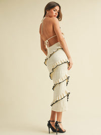 WOMEN'S SLEEVELESS HALTER NECK OPEN BACK TIERED RUFFLE BODYCON MAXI DRESS