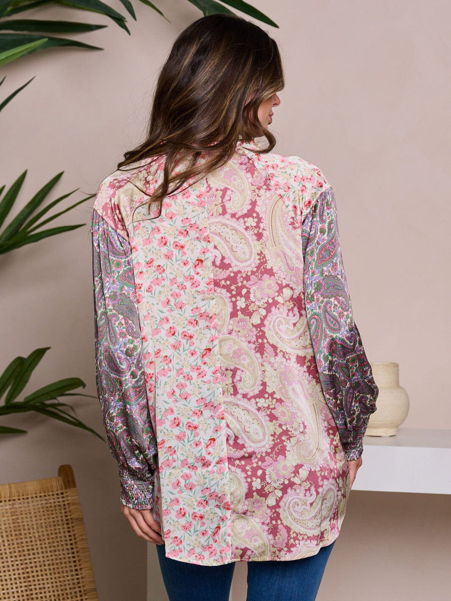 Women's Mixed Print Long-sleeve Silk Button-Up Blouse