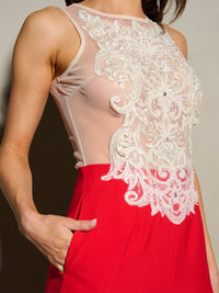 WOMEN'S SLEEVELESS MESH EMBROIDERY WIDE LEG JUMPSUIT