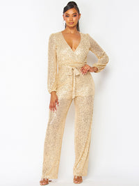 WOMEN'S LONG SLEEVE SELF TIE SURPLICE SEQUINS WIDE LEG JUMPSUIT