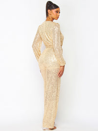 WOMEN'S LONG SLEEVE SELF TIE SURPLICE SEQUINS WIDE LEG JUMPSUIT