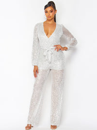 WOMEN'S LONG SLEEVE SELF TIE SURPLICE SEQUINS WIDE LEG JUMPSUIT