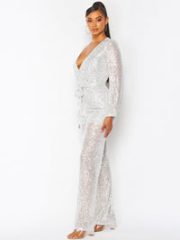 WOMEN'S LONG SLEEVE SELF TIE SURPLICE SEQUINS WIDE LEG JUMPSUIT