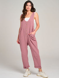 WOMEN'S SLEEVELESS FRONT POCKET BUTTON UP WIDE LEG JUMPSUIT