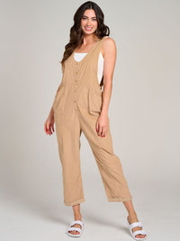 WOMEN'S SLEEVELESS FRONT POCKET BUTTON UP WIDE LEG JUMPSUIT