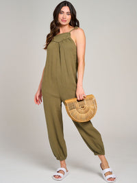 WOMEN'S SLEEVELESS FRONT POCKET JOGGER JUMPSUIT