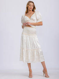 WOMEN'S SMOCK WAIST FLORAL PRINT TIERED MIDI SKIRT