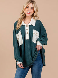 WOMEN'S LONG SLEEVE BUTTON UP OVERSIZED COLORBLOCK TOP