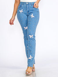 WOMEN'S BUTTON CLOSURE POCKETS BUTTERFLY STRETCH DENIM SKINNY JEANS