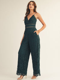 JUST ME WOMEN'S SLEEVELESS V-NECK FRONT POCKETS CROCHET WIDE LEG JUMPSUIT