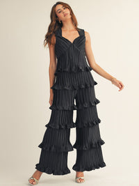 JUST ME WOMEN'S SLEEVELESS V-NECK RUFFLE TIERED WIDE LEG JUMPSUIT