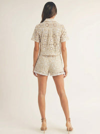 JUST ME WOMEN'S SHORT SLEEVE BLOUSE & ELASTIC WAIST MINI SHORTS CROCHET 2PC. SET