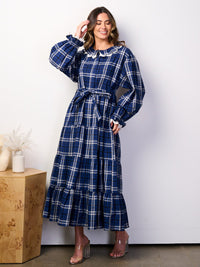 WOMEN'S LONG SLEEVE BUTTOM UP POCKETS SELF TIE GINGHAM MAXI DRESS