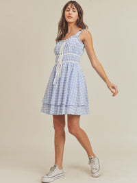 JUST ME WOMEN'S SLEEVELESS ELASTIC WAIST HIGH-LOW PLAID MINI DRESS