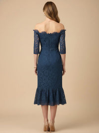 JUST ME WOMEN'SOFF SHOULDER SHORT SLEEVE FLORAL LACE BODYCON MIDI DRESS