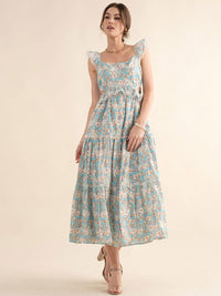 JUST ME WOMEN'S SLEEVELESS ELASTIC WAIST CUT OUT FRONT POCKETS FLORAL MAXI DRESS
