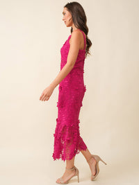 JUST ME WOMEN'S SLEEVELESS V-NECK FLORAL CROCHET BODYCON MAXI DRESS