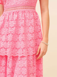 JUST ME WOMEN'S ONE SHOULDER RUFFLE FLORAL CROCHET TIERED MAXI DRESS
