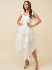 JUST ME WOMEN'S SLEEVELESS V-NECK TRIM DETAILED TIERED EMBROIDERY MAXI DRESS