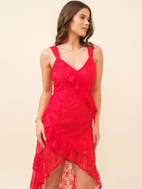 JUST ME WOMEN'S SLEEVELESS V-NECK RUFFLE HIGH-LOW MIDI DRESS