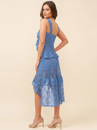 JUST ME WOMEN'S SLEEVELESS V-NECK RUFFLE HIGH-LOW MIDI DRESS