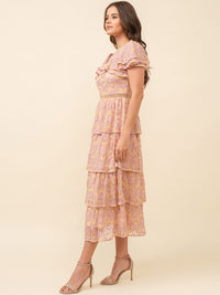 JUST ME WOMEN'S SHORT SLEEVE RUFFLE TIERED LACE FLORAL MAXI DRESS