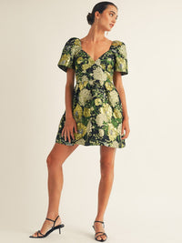 JUST ME WOMEN'S SHORT PUFF SLEEVE V-NECK SMOCK SHIMMER FLORAL MINI DRESS