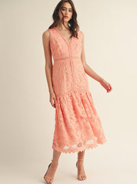 JUST ME WOMEN'S SLEEVELESS V-NECK CROCHET FLORAL TIERED MAXI DRESS
