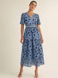 JUST ME WOMEN'S SHORT SLEEVE V-NECK SURPLICE FLORAL CROCHET MAXI DRESS