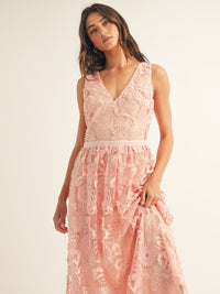 JUST ME WOMEN'S SLEEVELESS V-NECK FLORAL CROCHET MAXI DRESS