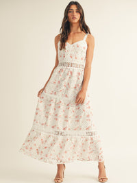 JUST ME WOMEN'S SLEEVELESS V-NECK FRONT POCKETS FLORAL CROCHET MAXI DRESS